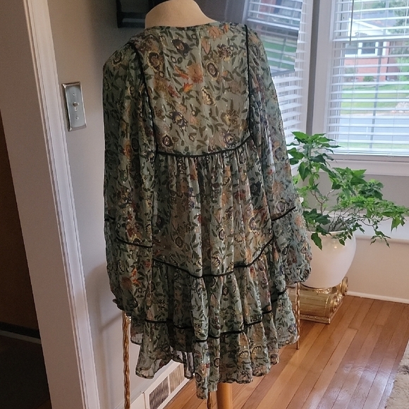 Free People Green Floral Long Sleeve Smocked Tunic Dress - Picture 5 of 5